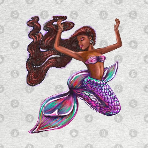 mermaid with flowing red braids,   Afro hair and caramel brown skin. Black mermaid by Artonmytee